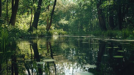  A serene scene of a body of water encircled by trees, with water lilies adorning the foreground, and a boat anchored in the center