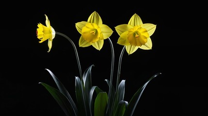 Three Yellow Daffodils in a Vase on a Black Background