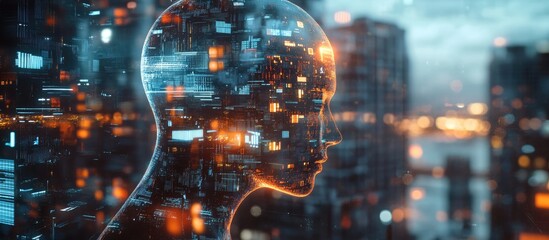 Double exposure of a business themed hologram illustration over a cityscape Represents the concept of success