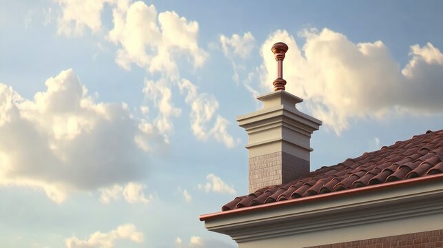 Copper topped lightning rod positioned on the rooftop of a traditional building