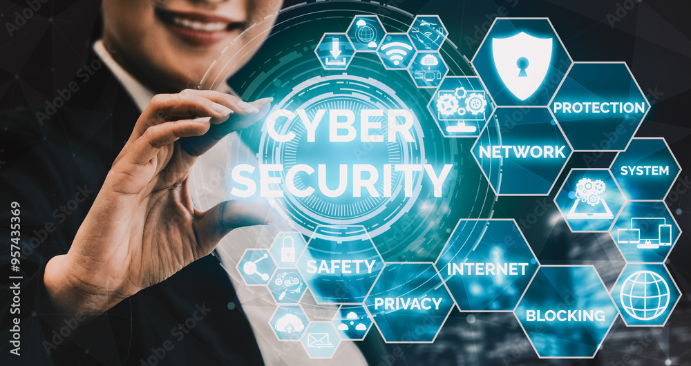 Poster cyber security and digital data protection concept. icon interface showing secure firewall technolog