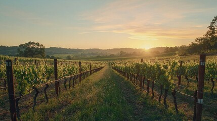 Fototapeta premium Sunset in green field with vine foreground
