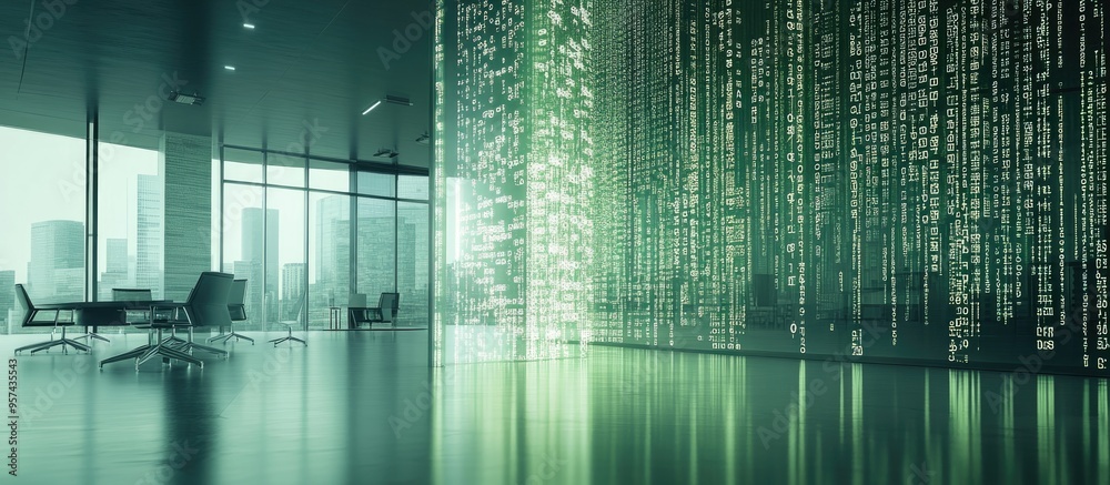 Poster abstract illustration of virtual binary code set against a contemporary office backdrop concept of b