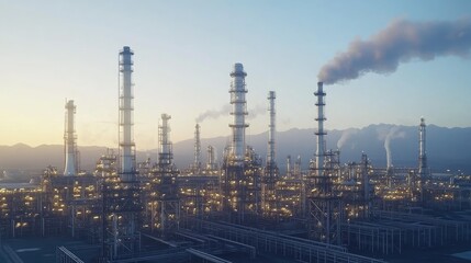 Fototapeta premium Vertical panorama of an oil refinery at an industrial site showcasing crude oil production activities and tank storage facilities