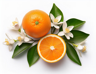 Vibrant Top View of Flowering Orange Tree Branches with Sliced Fruit