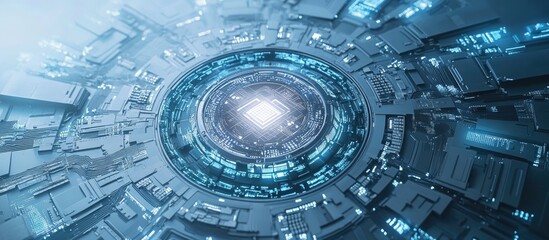 Abstract representation of artificial intelligence encircled by digital technology featuring computer systems on a light blue background