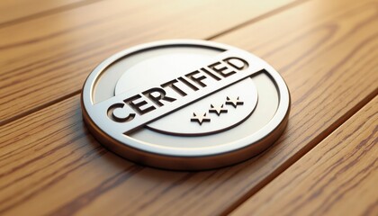 A metallic certified badge with three stars on a wooden surface, symbolizing quality and authenticity.