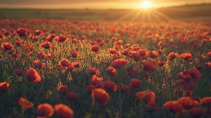   Red flowers in the foreground A green grass field with the sun setting in the background