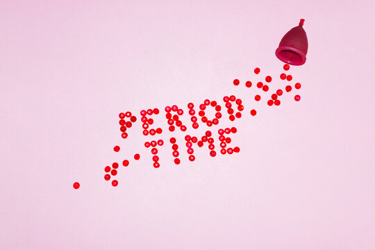 Menstrual cup & pearl period blood and illustrative text "period time"