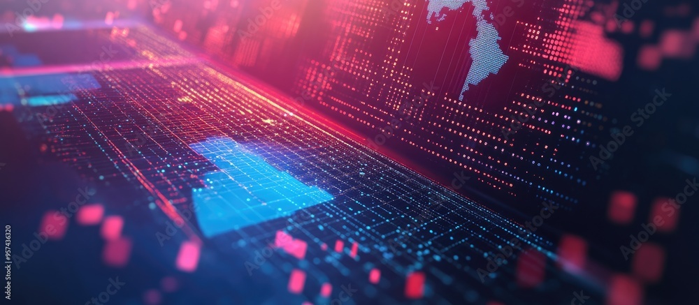 Aufkleber abstract software development hologram with a world map overlaid on a laptop background representing