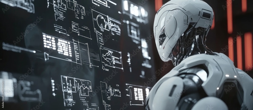 Poster 3d illustration of a robot displaying a computer interface