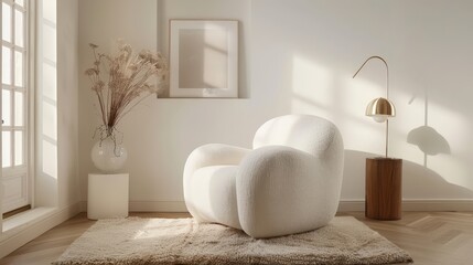Minimalist Coziness: Cozy Living Room with White Boucle Armchair and Design Pouf 
