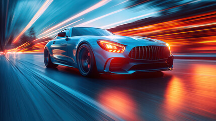 Blue business car on the highway road, vehicle transport at high speed blurred in motion. Modern automobile freeway drive outdoors