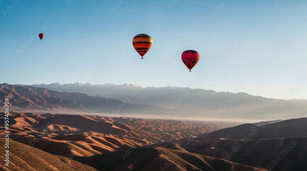 Wall mural three hot air balloons flying over a mountain range