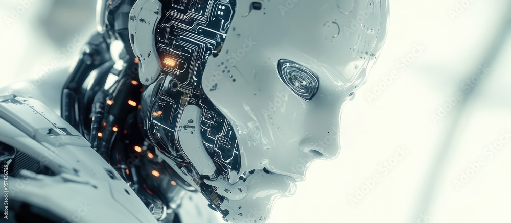 Poster ai technology concept featuring a 3d rendered robot or cyborg with a circuit based brain design