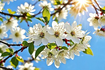 A close-up view of a tree branch with beautiful white flowers blooming, ideal for nature and botanical uses