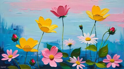 Painting of Flowers on a Blue Background
