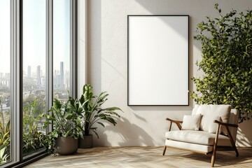 Poster Frame in Beige minimalist living room interior created with generative AI
