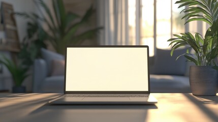 Fototapeta premium Laptop with a blank screen on a work table viewed from the front in a home setting