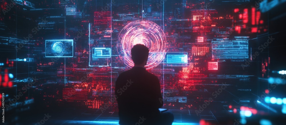 Poster multi exposure image featuring a technology hologram with a person using a computer represents conce