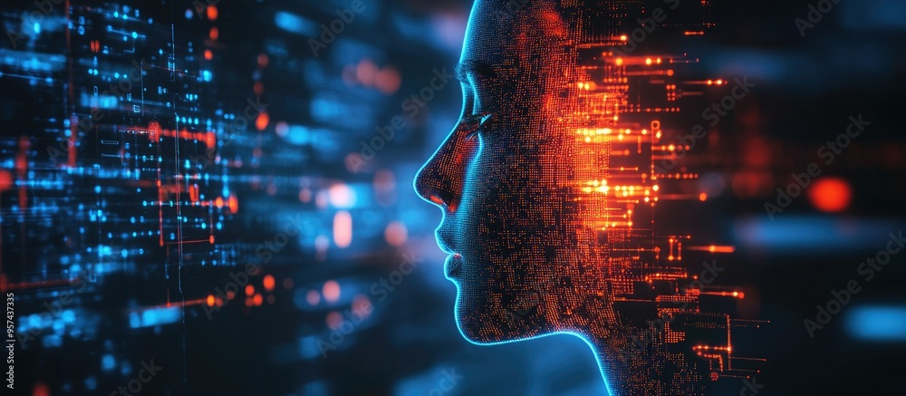 Poster silhouette of a human face combined with technology symbols creating a backdrop for themes related t