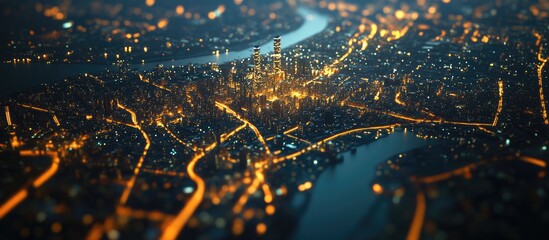 Aerial view of a bustling metropolis illuminated at night showcasing city lights and dynamic urban landscapes