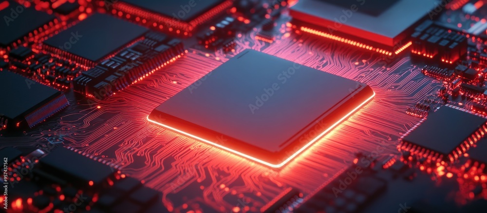 Poster 3d illustration of a processor chip on a printed circuit board illuminated by red backlight represen