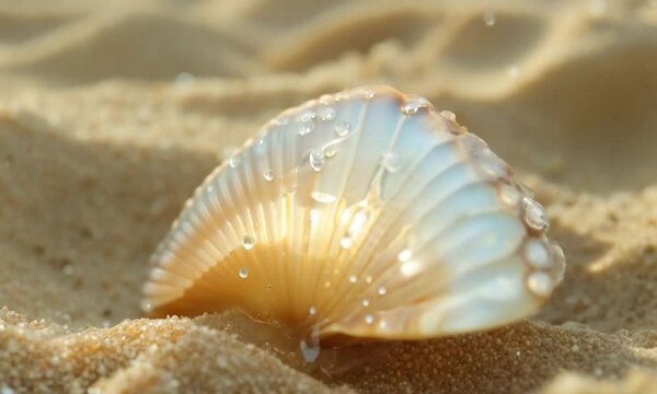 The camera focuses on the intricate spirals of a seashell lying on a sandy beach. The soft, natural light highlights the shell's delicate textures and pastel colors, with tiny grains of sand clinging 