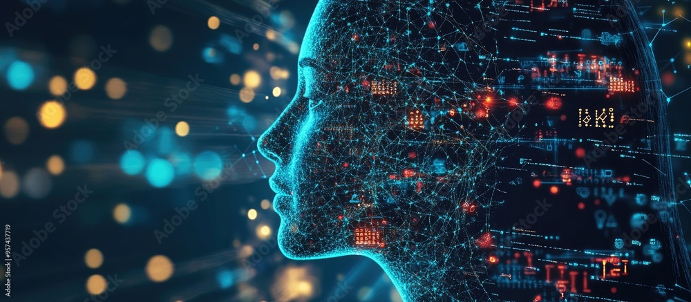 Poster silhouette of a human face combined with technology symbols creating a backdrop for themes related t