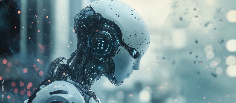 Poster contemporary backdrop symbolizing artificial intelligence cutting edge technologies robots and a per