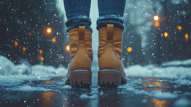 Close-up of brown leather boots standing on a snowy street during a winter night, snowflakes falling, soft warm glow from streetlights, cozy and stylish footwear - Powered by Adobe