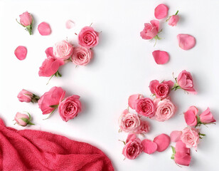 Beautiful Assortment of Pink Roses and Leaves on White Background  Top View