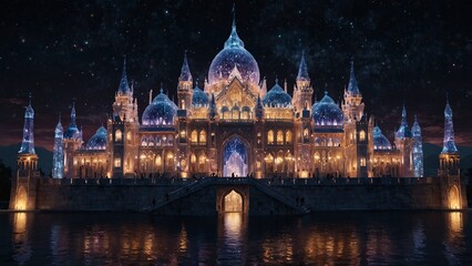 Obraz premium A fantasy-style palace made of crystal and light, set against a shimmering nightscape backdrop.