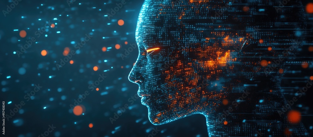 Aufkleber humanoid robot head against a backdrop of binary code representing themes related to the robotics in
