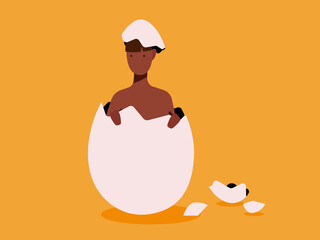 Black woman coming out of hatched egg in orange studio
