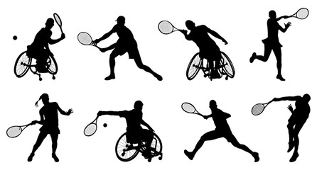 Silhouettes of professional and disabled tennis players in wheelchairs.Collection of big tennis players.Vector illustration.