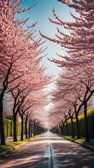 Fototapeta premium Tree-Lined Street With Pink Flowers