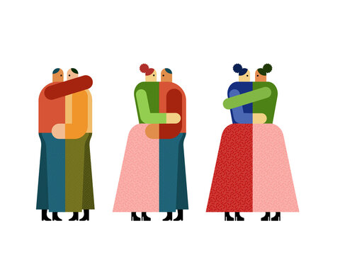 Diverse hugging men and women