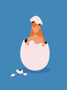 Woman coming out of hatched egg in blue studio