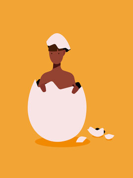 Female coming out of hatched egg on orange background