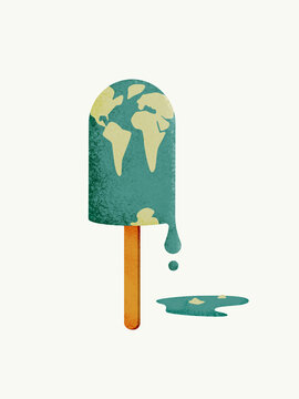 Ice cream with melting planet in white studio