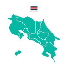 Fototapeta premium Colored (torquoise) silhouette map of costa rica with the outline of regions. Vector illustration with a flag.