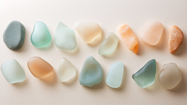 a collection of sea glass in soft hues against an isolated light sand beige background