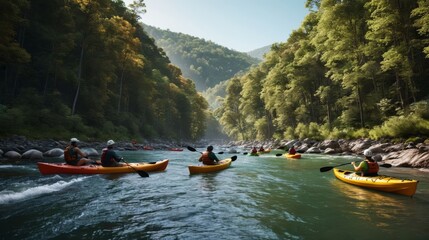 Group of People Kayaking Down River