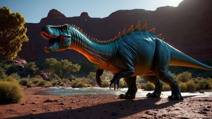 Toy Dinosaur Walking Across Dirt Field