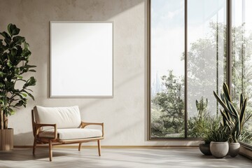 Poster Frame in Beige minimalist living room interior created with generative AI