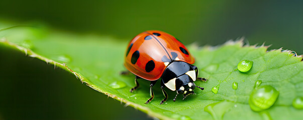 Obraz premium Ladybug maro shot on green leaf. Ledybird detail in natural habitat.
