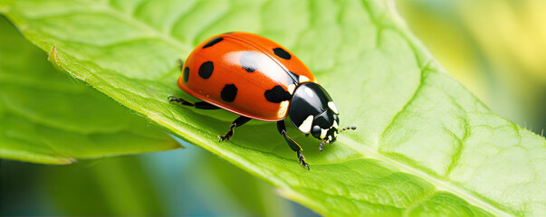 Fototapeta premium Ladybug maro shot on green leaf. Ledybird detail in natural habitat.