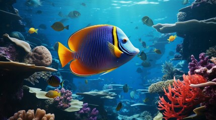 Obraz premium Vibrant tropical fish swimming among colorful coral reefs in clear blue ocean water for marine life and underwater themes