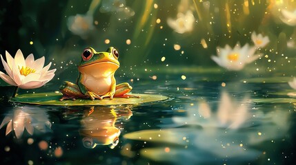   A frog perched atop a lily pad amidst a serene pond dotted with water lilies